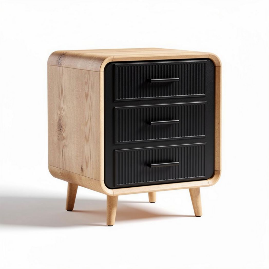 Houten nachtkastje met drie lades en zwart gestreepte fronten 45 x 40 x 60cm