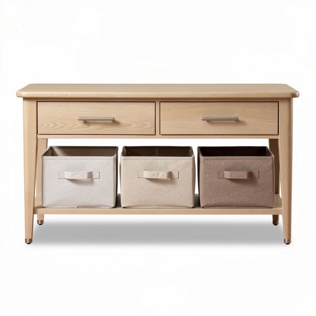 houten console tafel met opberglades en drie stoffen manden 100 x 40 x 80cm