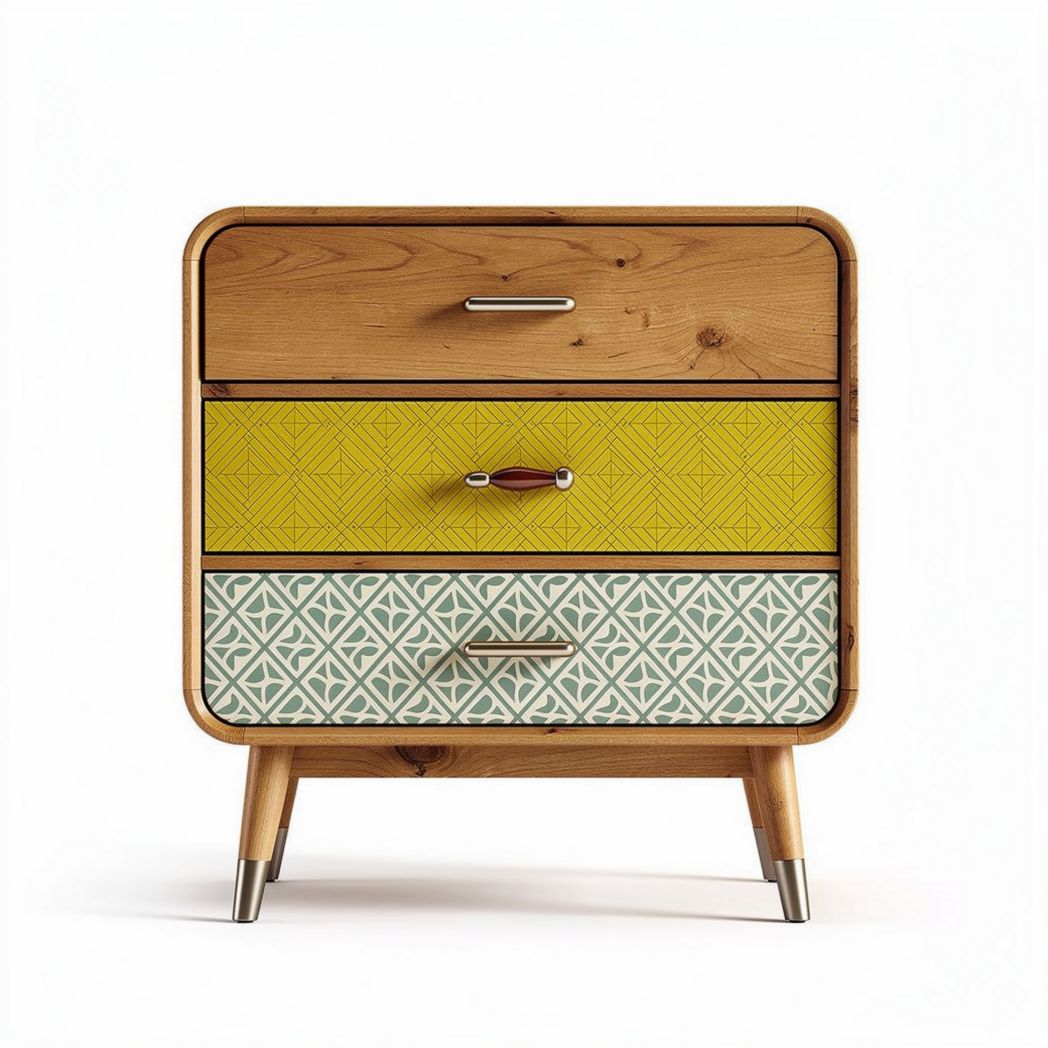 Houten dressoir met drie lades in geel en blauw motief 60 x 40 x 50cm