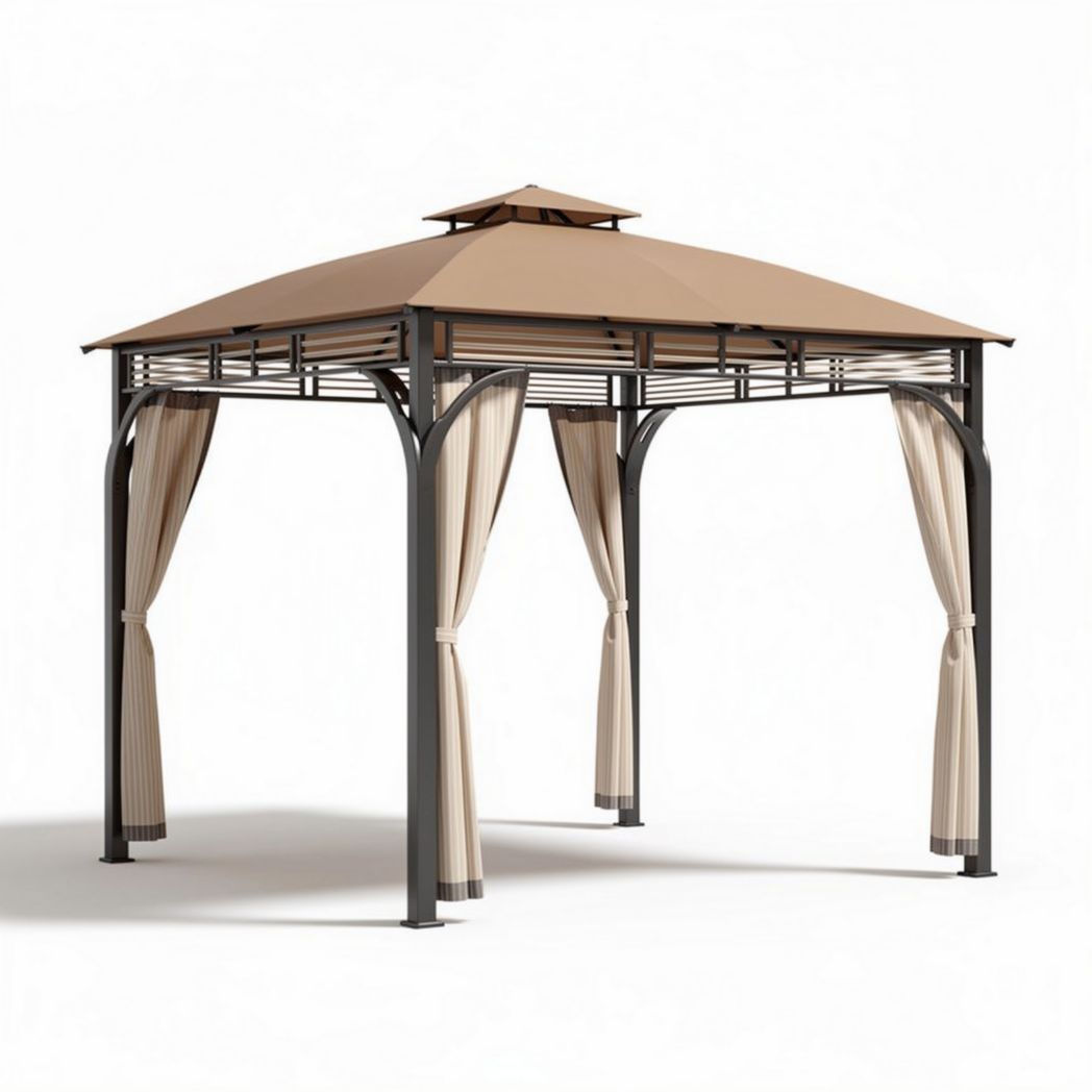 Tuinhuis met metalen frame en beige gordijnen 300 x 300 x 250cm