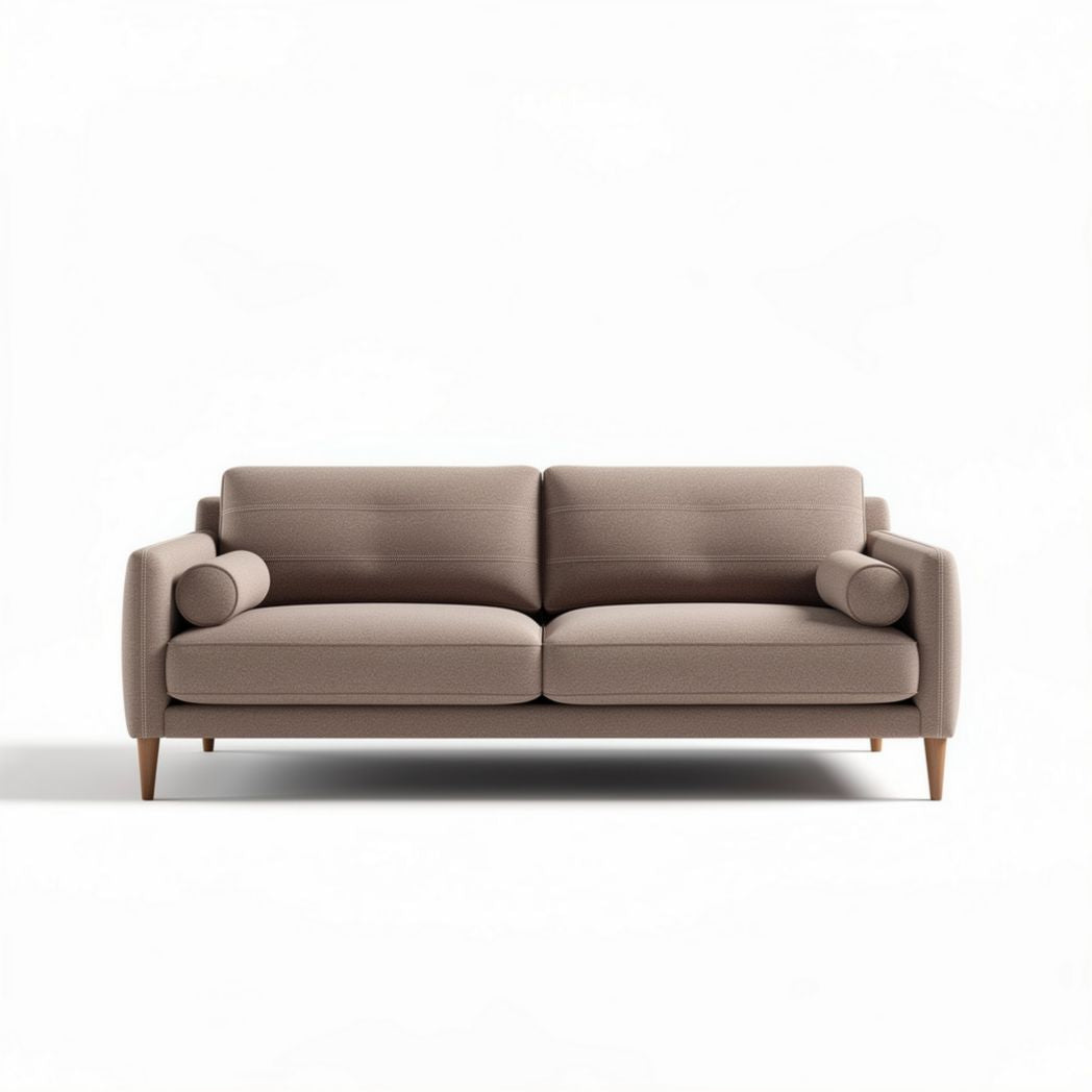 Tweedelige bank van zacht bruin stof met ronde armleuningen 180 x 90 x 85cm