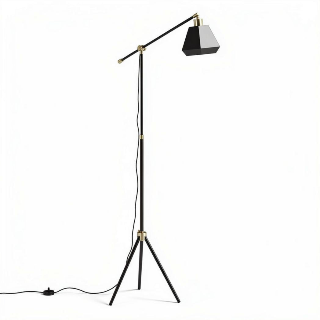 Vloerlamp van metaal en kunststof met verstelbare arm in zwart en goud
